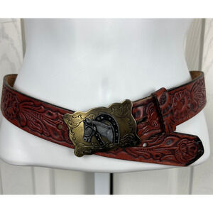 Hand Tooled Buckle Belt Western Red Brown Leather Cowboy Cowgirl Size 26